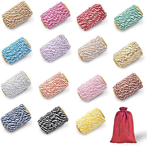 Bakers Twines Cotton Twine – 2mm 100% Natural Twine String Cords for DIY Art & Crafts, Christmas Wrapping, Home Decoration & Tags - 15 Rolls Assorted Color Baker’s Twine Ropes (82 Feet/Roll)
