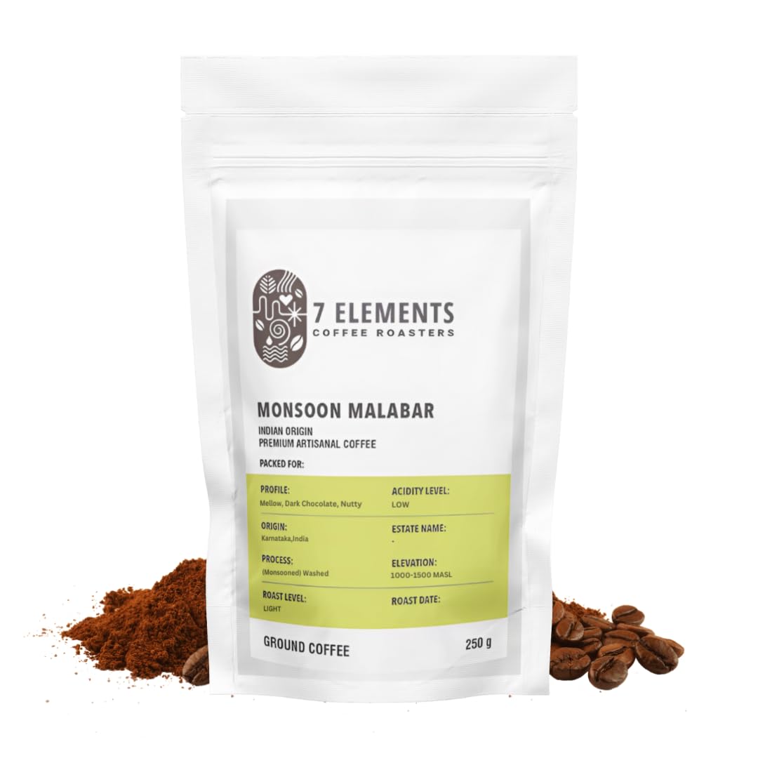 7 Elements Coffee Roasters Monsoon Malabar Ground Coffee - 250 g (Pack of 1) | Light Roast (French Press Grind) | 100% Arabica Freshly Roasted Coffee Grounds | AA Grade | Rich Flavorful Coffee