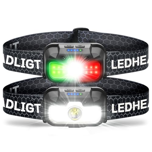 HOKOILN 2-Pack LED Headlamp Rechargeable with Green & Red Light -1300 Lumen Ultra-Bright Flashlight Headlight for Camping, Running, Hiking, Fishing - Waterproof with 7 Modes