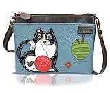CHALA Mini Crossbody Handbag, Multi Zipper, Pu Leather, Small Shoulder Purse Adjustable Strap - Fat Cat - Blue Gray