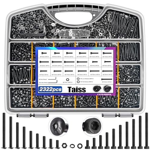 Taiss 2322PCS M3 Screw Kit,Metric Screws Assortment M3x4MM-35MM Nuts and Bolts Kit,M3 Screws 12.9 &amp; 10.9 Grade Black Alloy Steel Hex Socket &amp; Button Head Screw,Machine Screw Set for 3D Printing