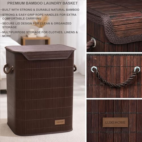 Image of Luxe Home Laundry Basket for Clothes, Premium Bamboo Big Storage Bag with Lid and Side Handle Multipurpose Used In Laundry Rooms, Bedrooms, Bathrooms (40x30x50 cm, Brown)