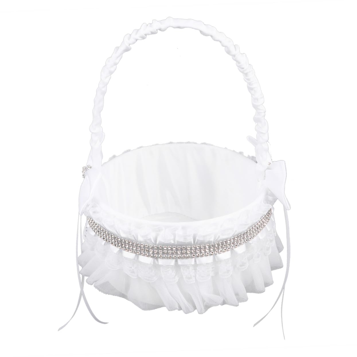 Veemoon Round Rhinestone Wedding Flower Basket for Flower Girls Elegant Western Style Bowknot for Petals Reusable Ceremony Decoration Lightweight Portable Wedding Supplies