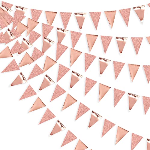 Image of 30Ft Rose Gold Party Decoration Rose Pink Triangle Pennant Banner Blush Pink Hanging Paper Flag Bunting for Graduation Wedding Bridal Shower Birthday Bachelorette Engagement Anniversary Party Supplies
