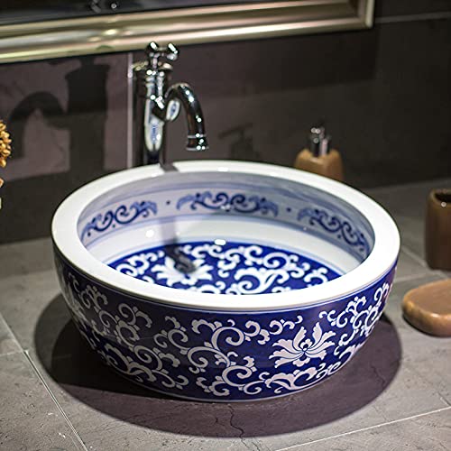 Lavabo de cerámica para baño anti-salpicaduras redondo y pintado a mano 3