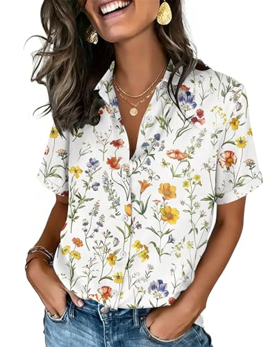 Image of Zeagoo Button Down Shirts for Women Short Sleeve Collared Tops Dressy Casual V Neck Blouses