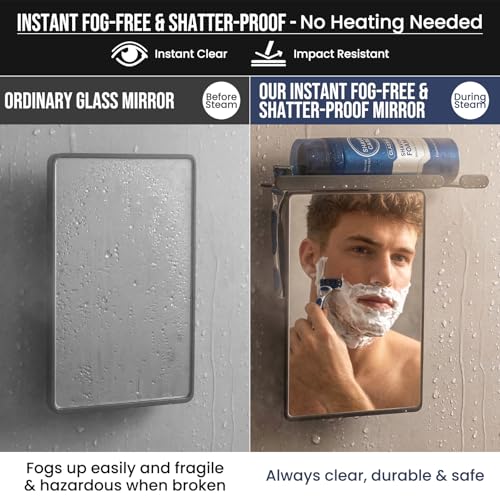 Image of TAILI Shower Mirror Fogless for Shaving with Razor Holder, Anti-Fog with Powerful Suction Wall Mounted for Bathroom, Makeup Shave Mirror for Men & Women, Shatterproof & Removable, Grey