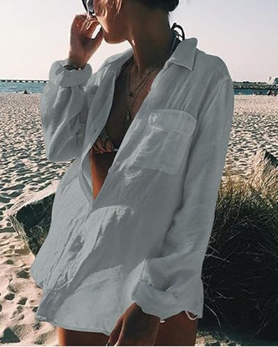 Image of Bsubseach Women Long Sleeve Beach Shirt Blouses Bathing Suit Cover Up Button Down Collar