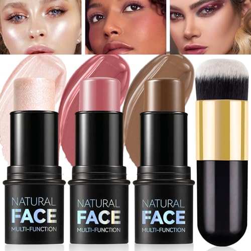 LSxia 3Pcs Cream Contour Kit - Cream Blush, Highlighter, Contour Bronzer for Cheeks, Waterproof Long Lasting Blendable, Contour Stick Trio for Face Makeup (#02, 05, 06)