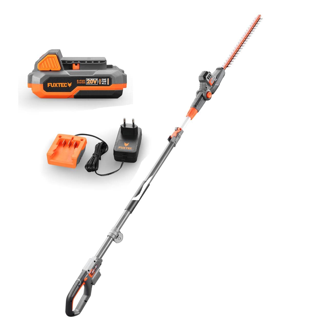 Taille-Haie sur Perche à Batterie Set Batterie 2Ah Et Chargeur 1A FUXTEC 20V FX-E1HH20 Taille-Haie Électrique Télescopique pour La Coupe De Haies Et De Buissons