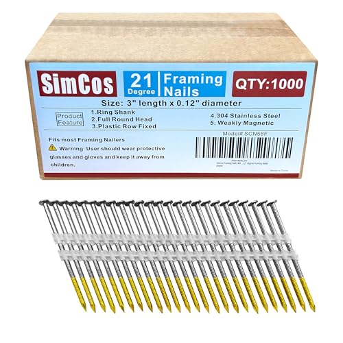 SimCos Framing Nails 304 Stainless Steel 21° Full Round Head Nail 21 Degree Ring Shank Nail for Pneumatic, Electric 21 degree Framing Nailer (3