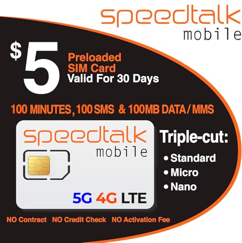 SpeedTalk Mobile $5 SIM Card Kit for 5G 4G LTE iOS Android Smart Phones 250 Minutes OR 250 Text or 250MB Data Cellphone Plan | 3 in 1 Simcard - Standard Micro Nano | 30 Days Service | USA Coverage