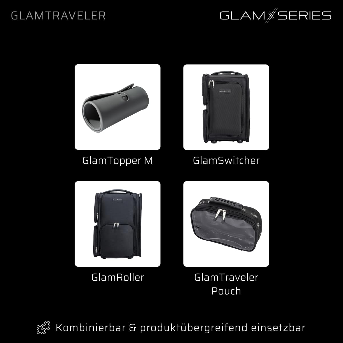 GlamTraveler Borsa porta trucchi con 3 astucci, trousse con fibbia per fissaggio a valigie, pochette da lavoro ideale per truccatori e parrucchieri