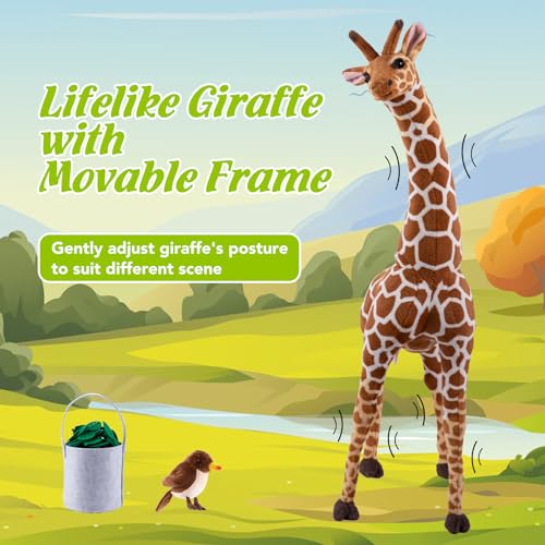 Image of Giant Stuffed Giraffe Animal Set, 47 Inch Large Giraffe Plush Toy for Kids with Bird & Basket & Leaves & Card, Toddler Lifelike Standing Toys Stuffed Animal for Girls Boys