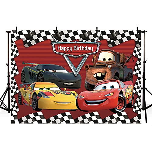 Cartoon Car Mobilization Photography Backdrop Racing Story Red Gird Checkered Photo Background For Boy Kids Cars Theme Happy Birthday Party Decoration Banner 5X3Ft #TOP1