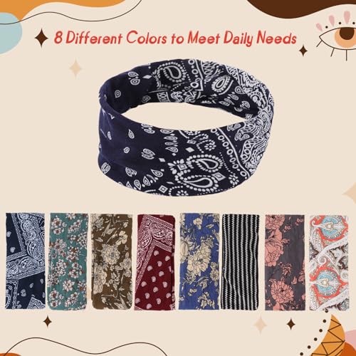 8 Pack Headbands for Women Boho Style Headbands Non Slip Wide Headband Hair Wrap for Women Girls, Bohemian colors 1 - Image 2