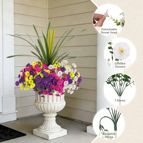 INXUGAO Artificial Flowers for Outdoors Fake Plants Outside, 12 Bundles Silk Morning Glory with Eucalyptus + Orchid Leaf UV Resistant Realistic Faux Flowers for Porch Planter Garde image 5