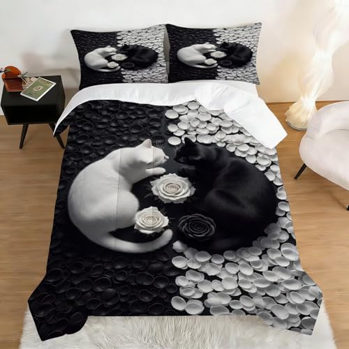 Image of Rose Cat Comforter Set Full Size Cute Black and White Animal Bedding Sets for Girls Boys Kids Adults Bedroom Decor Lover Romantic Quilt 1 Comforter 2 Pillowcases
