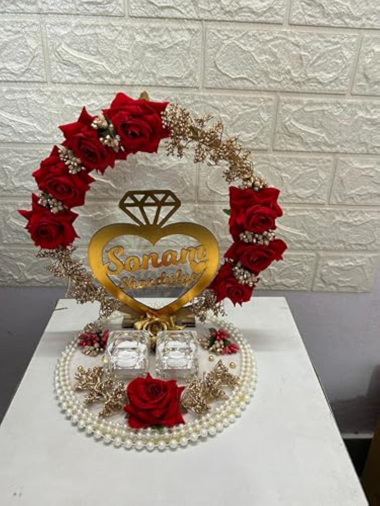 Designer Red & Gold Floral Ring Platter, Customizable