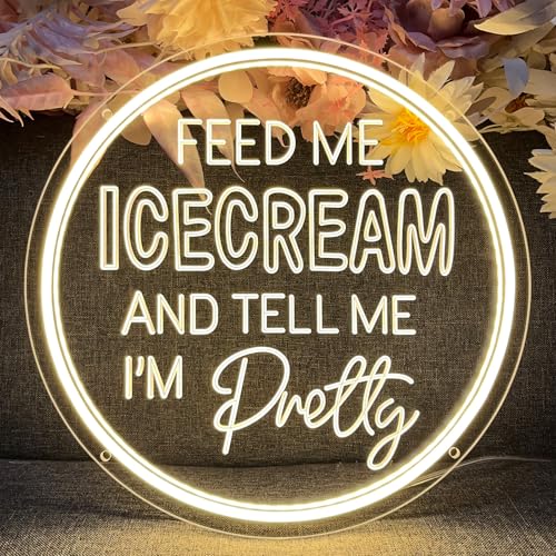 Image of Neon Sign Feed Me Icecream & Tell Me I'm Pretty Wall Decor 3D Art Carving Design Indoor Bedroom Led Neon Sign Backdrop Flex Christmas Business Room Shop Window Birthday Gift(Warm White,USB,30x30CM)