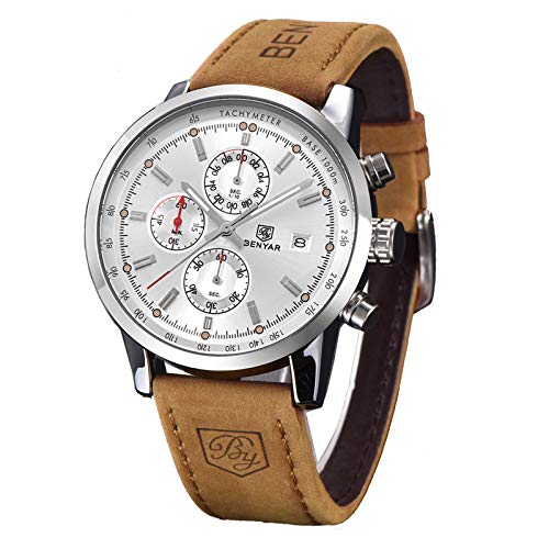 BENYAR Man's Classic Chronograph Watch, Fashion Casual Leather Band Wrist, Waterproof Wrist Watches for Men BY-5102 (White)