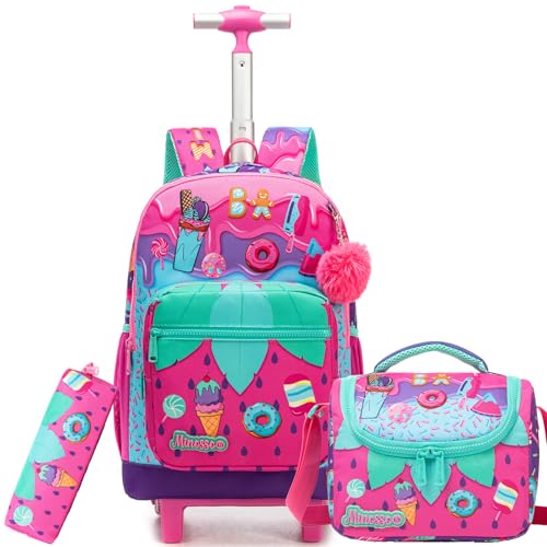 ZBAOGTW Mochila com rodinhas para meninas, crianças, conjunto de mochila escolar com rodas com lancheira e estojo de lápis, Sorvete rosa, 16.5*11.8*7.8in, Moderna, personalizada