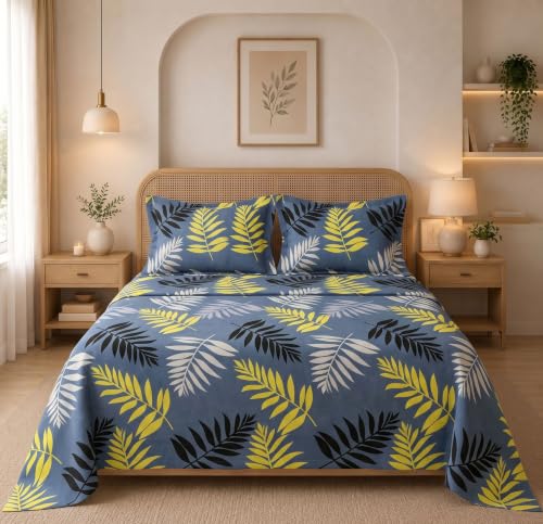 Image of HOMEKART Glace Cotton 160 TC Leaf Printed Double Bedsheet with 2 King Size Pillow Covers | Soft & Durable | 86 x 88Inches (Grey & Yellow)