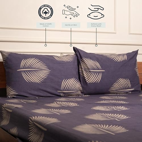 Image of Amazon Brand - Umi Cotton Fitted Bedsheet, Queen Size 78x60 Inches, Elastic Fit Bed Sheet, 10 Inch Deep Pocket, Soft Breathable Bedding, Durable Easy Care, with Pillow Cover-Mist Palm