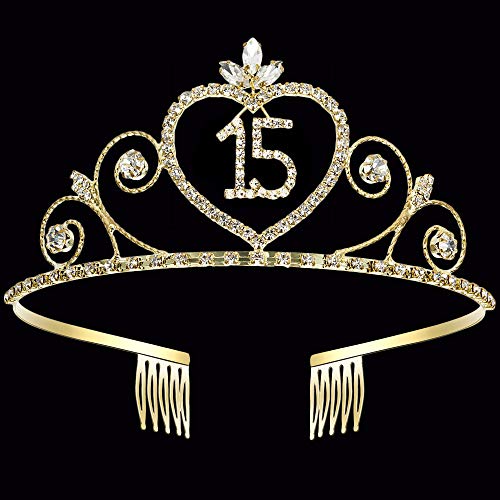 Coucoland 15th Crystal Birthday Crown Tiara 15th Rhinestone Princess Birthday Crown Headband Gold 15th Happy Birthday Party Crown Tiara