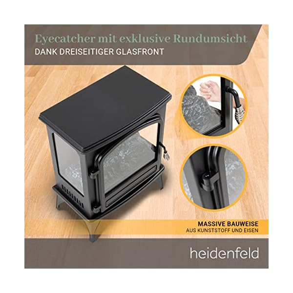 Heidenfeld Elektro Kamin EK100-3 Jahre Garantie - 2000 Watt - Energiesparende LED - 3 seitige Glasfront - 2 Heizstufen… – Bild 4