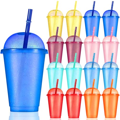CoKeeSun Tumblers with Lids & Straws Smoothie Cups 16PCS 16oz/475ml Colour Changing Cups 8 Colors Recyclable and Reusable Plastic Cups Iced Coffee Cup for Party Kid Travel Mugs