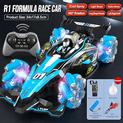 Image of VGRASSP 4WD Dual Control R1 Drift Stunt Mist Car Toy for Kids with Lights, Music - Rechargeable 360 Rotating RC Smoke Car with 2.4GHz Remote Control and Gesture Wrist Controller - Multicolor