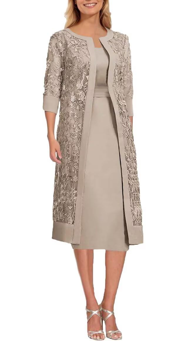 Short Sleeve Mother of The Bride Dresses with Jacket Laces Chiffon 2 Pieces Formal Party Gowns for Women