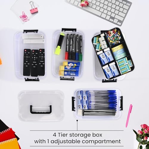 Image of Plastic Boxes for Storage Transparent Boxes, Portable & Stackable Space Saving Organiser with Lid for Medicine, Jewelry, Arts & Crafts, Buttons, Beads (Black, 4 Tier)