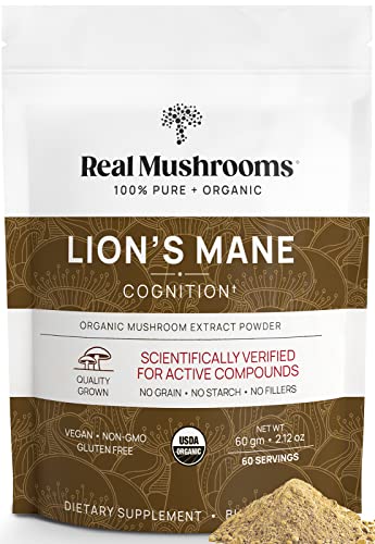 Real Mushrooms Lion’s Mane Powder - Organic Lions Mane Mushroom Extract for Cognitive Function & Immune Support - Brain Supplements for Memory and Focus - Vegan Mushroom Supplement, 60 Servings