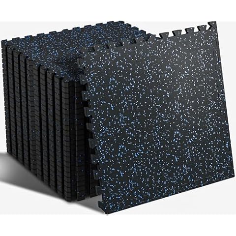 SUPERJARE 0.56'' Thick 24 Pcs 96 Sq Ft Rubber Top Exercise Equipment Mats, High Density EVA Foam Mats with Rubber Top, Interlocking Gym Flooring for Home Gym, Protective Workout Mat, Black/Blue Cover
