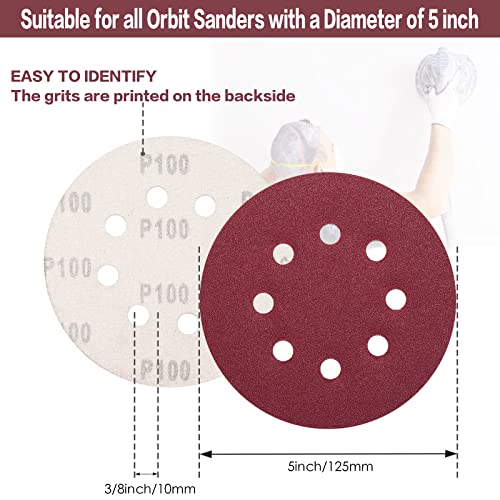 STEBRUAM 100PCS 125mm Sanding Discs 100 Grit, 5 Inch 8 Hole Hook and Loop Sanding Pads for Random Orbital Sander - Image 2