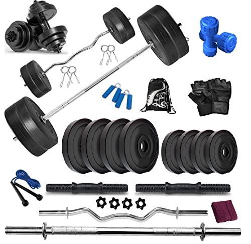 Image of Bodyfit Fitness Leather 20 Kg Weight Plates, 5Ft Straight and 3Ft Curl Rod, 2 D.Rods Home Gym Equipment Dumbbell Set, Leather, Black