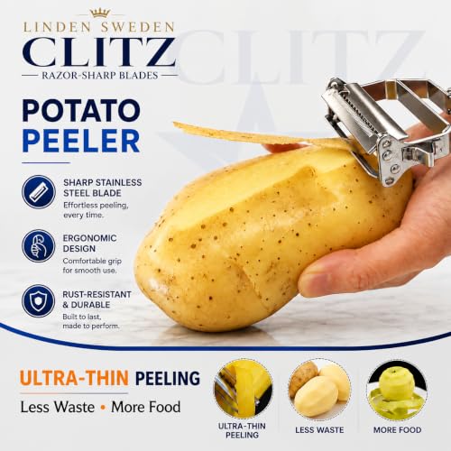 Image of Linden Sweden CLITZ 2 in 1 Stainless Steel Vegetable Peeler & Julienne Slicer with Cleaning Brush