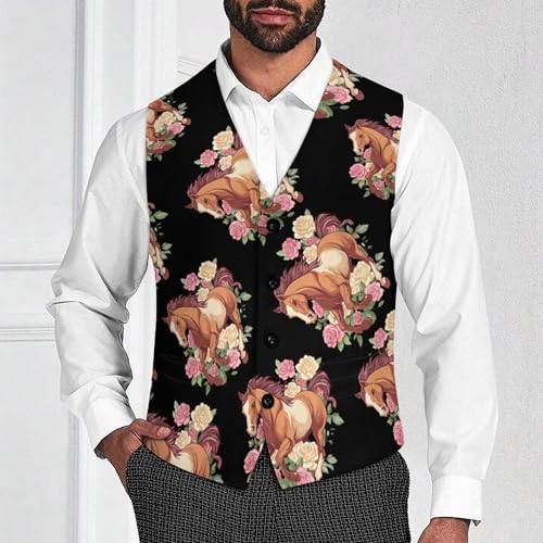 Running Horse Rose Men's Suit Vests Business Formal Dress Vest V-Neck Waistcoat for Wedding Casual2