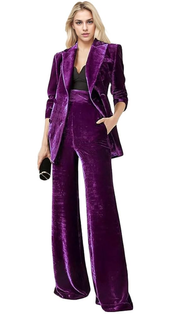 Women's 2 Piece Velvet Office Work Suit - Notch Lapel Double Breasted Blazer and Pants Business Set, Grape, Medium