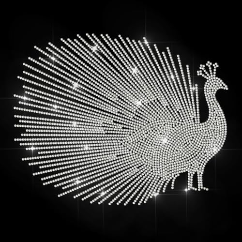 MAYJOYDIY Peacock Rhinestone Iron on Decal Shiny Feather Hotfix Transfer Sticker Animal Bird Heat Transfer Patch Bling Clothing Repair Applique for T-Shirt Hat Jacket Garment Bag DIY Decor