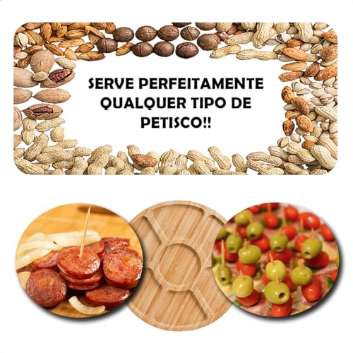 KIT 3 Bandeja Tábua Petisqueira Porção Petisco Madeira 7 Divisórias 24cm Para Frios, Queijos, Presun