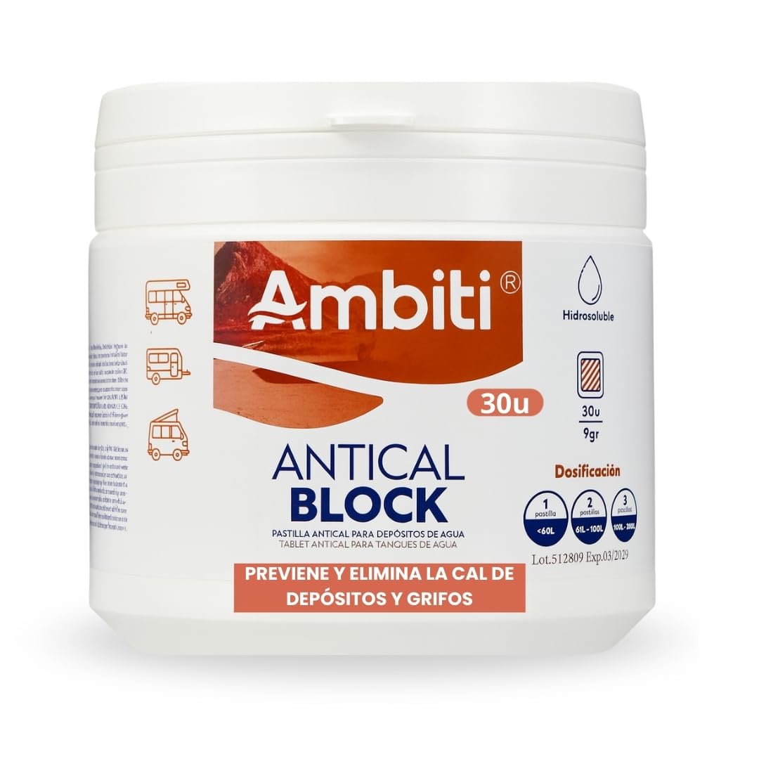 Ambiti | Antical Block | Tabletas para Eliminar y Prevenir la Cal en Depósitos de Agua Limpia, Grises | Ideal para Cisternas, Caravanas y WC |Mejora la Calidad del Agua |30 Pastillas de 9 gr