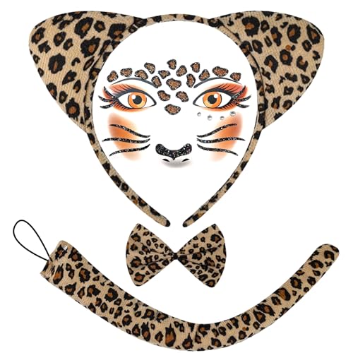 GWAWG 4 Pièces Léopard Costume Deguisement Femme, Oreilles et Queue Resilientes, Cravate et Tatouage Visage pour Carnaval Halloween Fête Animale Cosplay...
