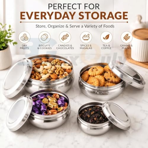 Image of Set of 4 Stainless Steel Puri Dabba with Lids Food Storage Containers for Roti, Chapati, Dry Fruits, Snacks & Kitchen Storage Lunch Box Stackable Steel Canisters 250ml, 350ml, 500ml & 700ml