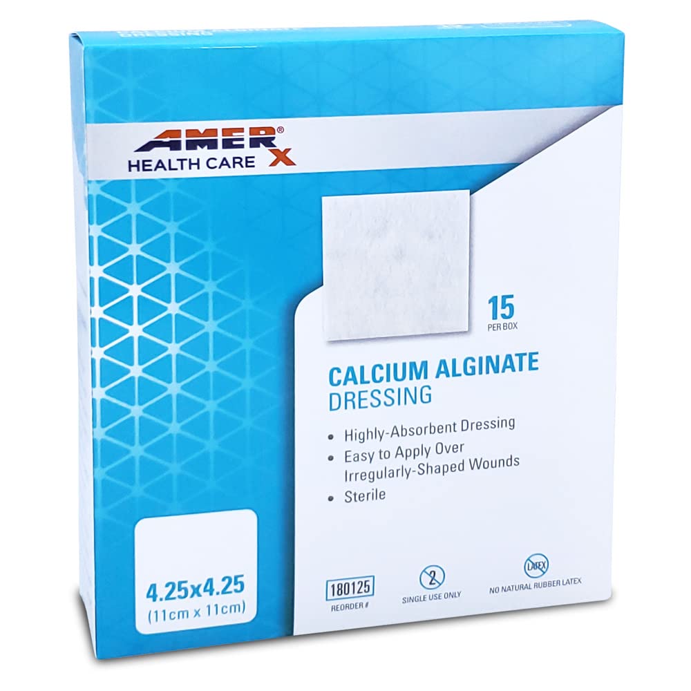 AMERX HEALTH CARE CORP. 100% Calcium Alginate Wound Dressing Pads - 4.25 in. x 4.25 in. | 15 Count per Box | Non-Adhesive Pads | Absorbs up to 20x its Weight in Fluid | for Pressure & Diabetic ulcers