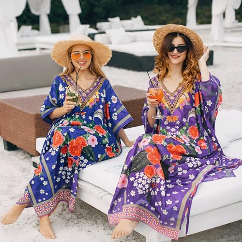 Image of Miss Lavish London Blue Floral Kaftan Dresses for Women V Neck Batwing Sleeve Maxi Beach Cover Up, Ethnic Print Plus Size Caftan with Side Slits & Pockets, Womens Resort Wear Swim Coverup-Blue-XL