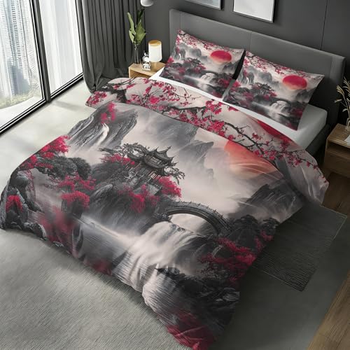 Chinoiserie Chic Duvet Cover Oversized King, Mountain Pavilion Sunset Bedding