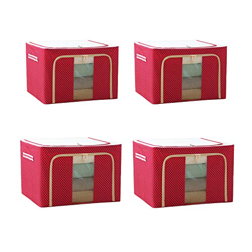 Steel Frame Storage Box Oxford Cloth Storage Box Quilt Storage Box Folding Wardrobe Fabric Extra Large Storage Bag (Redï¼š72L x 2Pcs + 66L x 2Pcs)